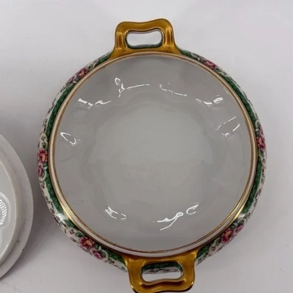Haviland Limoges France Covered Vegetable Dish Pink Roses Green Gold 34520